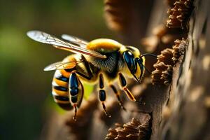 a bee is on a tree trunk with its wings spread. AI-Generated photo