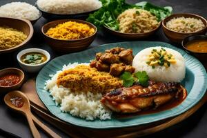 un plato de arroz, pollo, y vegetales es arreglado en un mesa. generado por ai foto