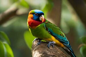 a colorful bird sits on a branch. AI-Generated photo