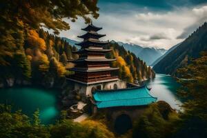 a pagoda sits on the edge of a lake surrounded by mountains. AI-Generated photo