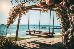 a swing with flowers on the beach. AI-Generated photo