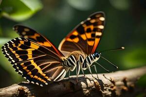 dos mariposas son sentado en un rama. generado por ai foto