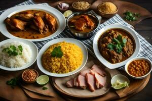 un variedad de platos incluso arroz, carne y vegetales. generado por ai foto