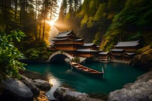 un barco es flotante en el agua cerca un pagoda. generado por ai foto