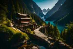 a cabin in the mountains near a lake. AI-Generated photo