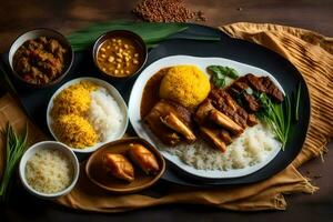 the traditional thai food is served on a wooden table. AI-Generated photo