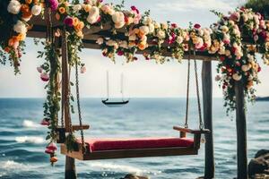 a swing with flowers and a bench on the beach. AI-Generated photo