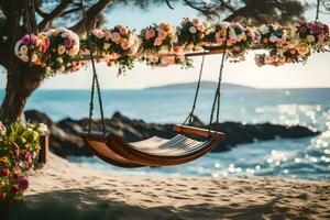 a swing hanging from a tree on the beach. AI-Generated photo