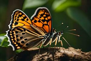 a butterfly with black and white markings on its wings. AI-Generated photo