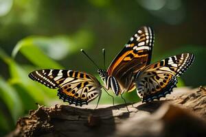 dos mariposas son sentado en parte superior de un registro. generado por ai foto