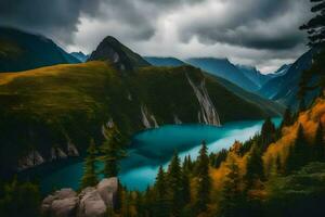 a lake surrounded by mountains and trees under a cloudy sky. AI-Generated photo