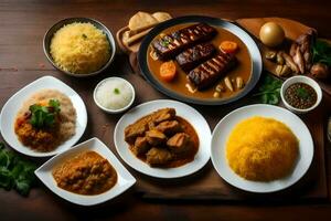 un mesa con varios platos de comida en él. generado por ai foto