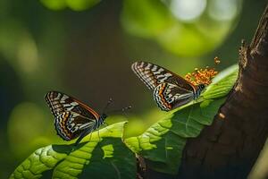 dos mariposas son sentado en un hoja. generado por ai foto