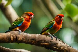 two colorful birds sitting on a branch. AI-Generated photo