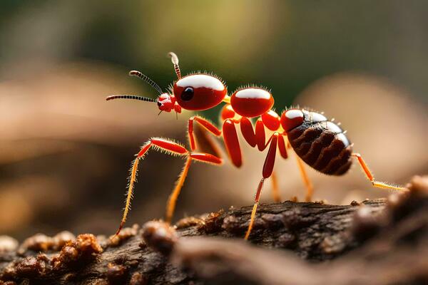 a red ant is standing on a log. AI-Generated