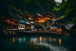 a beautiful chinese village in the mountains. AI-Generated photo