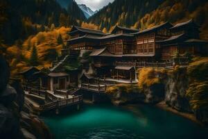 a chinese style house in the mountains. AI-Generated photo