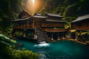 a chinese style house in the forest. AI-Generated photo