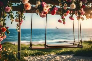 a swing with flowers hanging from it on the beach. AI-Generated photo