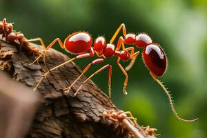 un rojo hormiga es gateando en un rama. generado por ai foto