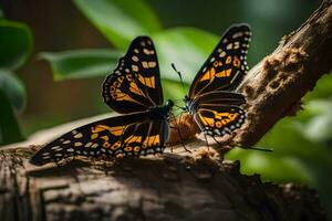 two butterflies are sitting on a branch. AI-Generated photo