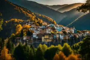 el pueblo de karavas en el montañas. generado por ai foto