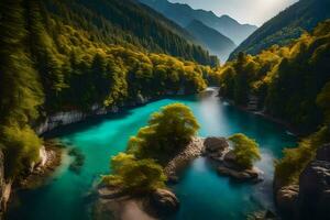 a beautiful river in the mountains with trees and rocks. AI-Generated photo