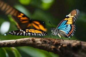 dos mariposas son sentado en un rama. generado por ai foto