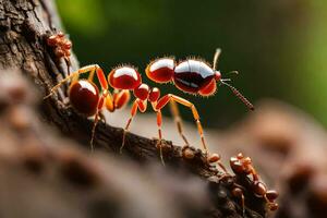 a red ant crawling on a tree trunk. AI-Generated photo