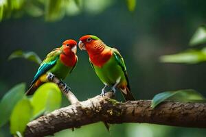 dos vistoso aves sentado en un rama. generado por ai foto