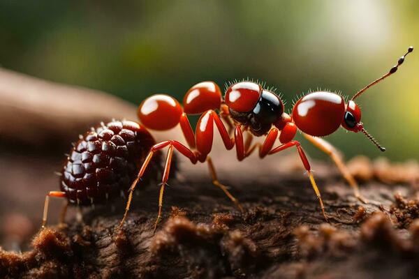 a red ant is standing on top of a log. AI-Generated