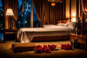 un dormitorio con un cama y rosas en el piso. generado por ai foto