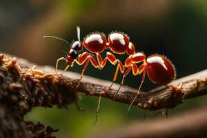 un rojo hormiga es en pie en un rama. generado por ai foto