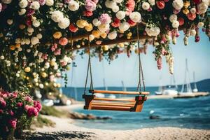 a swing hanging from a tree with flowers on the beach. AI-Generated photo