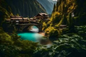 a bridge over a river in the mountains. AI-Generated photo