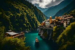 a boat is sailing down a river in a mountain town. AI-Generated photo