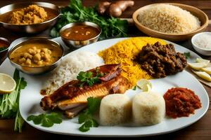 a plate of indian food with rice, vegetables and spices. AI-Generated photo