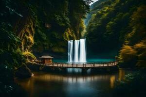 un puente terminado un cascada en el medio de un bosque. generado por ai foto