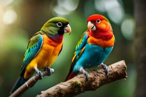 two colorful birds sitting on a branch. AI-Generated photo