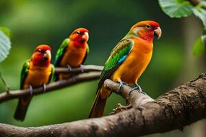 Tres vistoso aves sentado en un rama. generado por ai foto