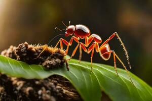 a red ant is standing on a leaf. AI-Generated photo