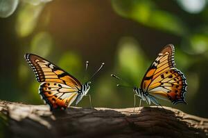 dos mariposas son sentado en un rama. generado por ai foto