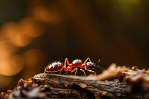 an ant is standing on a log. AI-Generated photo