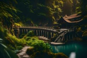 a bridge in the middle of a forest. AI-Generated photo