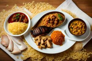 un plato de comida con arroz, carne y otro ingredientes. generado por ai foto