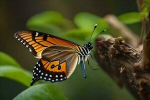 un mariposa es sentado en un rama con verde hojas. generado por ai foto