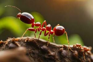 a red ant walking on a tree trunk. AI-Generated photo