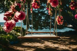 a swing with flowers hanging from it. AI-Generated photo