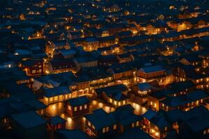 the town at night with lights on the roofs. AI-Generated photo