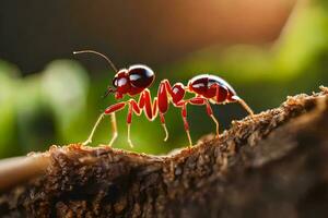 a red ant is standing on a log. AI-Generated photo